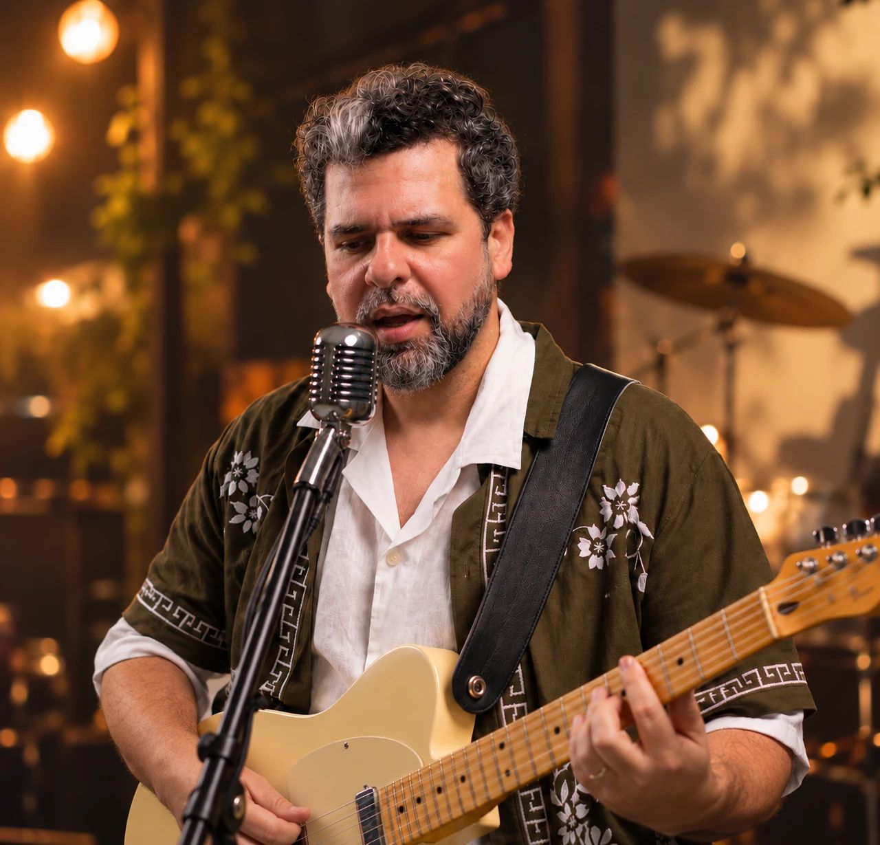 Pablo Curty cantando ao microfone de olhos baixos, enquanto toca guitarra, em um estúdio com luzes quentes.